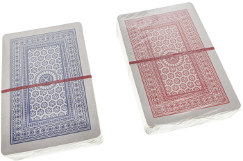 Set cu 2 pachete de carti de joc Poker 81811 in cutie de plastic spate rosu si spate albastru 