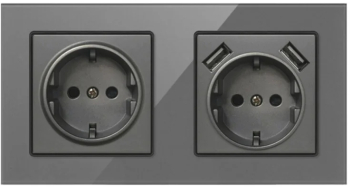 Priza Dubla De Perete Cu 2 Porturi USB Si Panou Din Sticla Techstar® TS-G 110-250V 16A Ignifuga 80x151mm Gri 