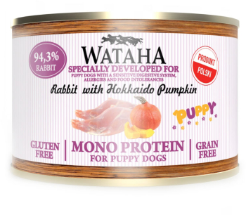 Conserva Wataha MONO PROTEIN Puppy 94 3 Carne Cu Iepure Mar Si Dovleac Hokkaido 200g 