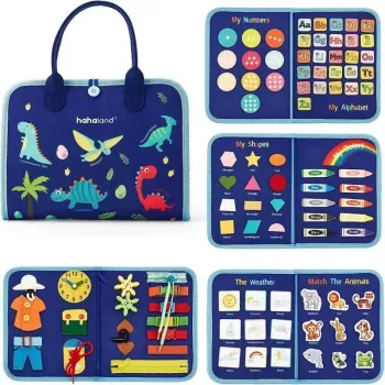 Carte Senzoriala Educativa Montessori Flippy Dezvoltare Abilitati Motorii 5 Pagini Model Dinozauri 28x22x7 cm Albastru 