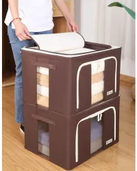Cutie de Depozitare Pliabila Flippy Cu Fereastra si Fermoar Dublu 66 L Textil Premium 50x40x33 cm Cadru Metalic Impermeabila Maro 