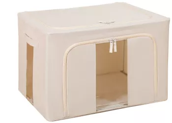 Cutie de Depozitare Pliabila Flippy Cu Fereastra si Fermoar Dublu 66 L Textil Premium 50x40x33 cm Cadru Metalic Impermeabila Bej 