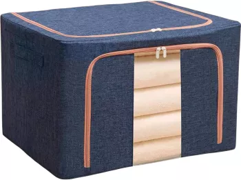 Cutie de depozitare pliabila Flippy Cu fermoar 100 L Textil 60x42x40 cm Cadru Metalic Suport Baza Stabil din Plastic Albastru Marin 