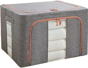 Cutie de depozitare pliabila Flippy Cu fermoar 100 L Textil 60x42x40 cm Cadru Metalic Suport Baza Stabil din Plastic Gri Cu doua ferestre 