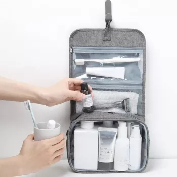 Geanta cosmetice voiaj Flippy material panza impermeabil 3 compartimente cu agatatoare Gri 47 x 28 x 20 cm 