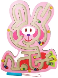 Joc Montessori cu Bile Flippy Creion Magnetic Tip Labirint din Lemn Model Iepuras 19.5x15.5 cm Roz 