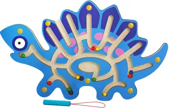 Joc Montessori cu Bile Flippy Creion Magnetic Tip Labirint din Lemn Model Stegozaur 25x15.5 cm Albastru 