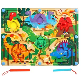 Joc Montessori de Sortare Culori Flippy Creion Magnetic Tip Labirint Ilustrat din Lemn Model Dinozauri 39x29x1.5 cm 