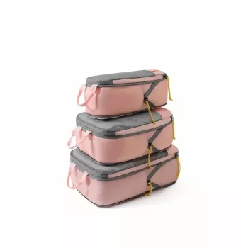 Set 3 Genti de Calatorie Flippy Pentru Depozitare Compresibile 3 Dimensiuni Mic Mediu Mare Impermeabile Fermoar Dublu Roz 