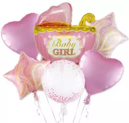 Set 6 baloane de folie carucior roz Baby girl 