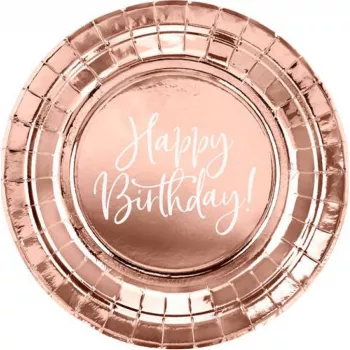Set 6 farfurii de unica folosinta roz auriu Happy Birthday 18 cm 