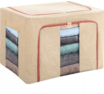 Cutie de depozitare pliabila Flippy Cu fermoar 100 L Textil 60x42x40 cm Cadru Metalic Suport Baza Stabil din Plastic Crem cu Doua Ferestre 