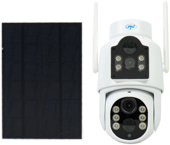 Camera supraveghere video PNI IP792 dual lens 2MP + 2MP panou solar 3W acumulator 6000mAh incorporat detectie miscare slot card micro SD 