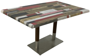 Masa dreptunghiulara blat werzalit de cafenea restaurant Raki Redden Wood 140x80xh74cm baza metalica argintie cu accente aspect lemn 