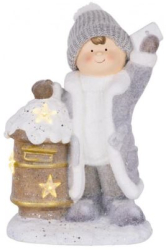 Decoratiune Craciun ceramica baiat cu cutie postala inzapezita LED 3xAA 33x23x45 cm 