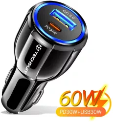 Incarcator Auto USB-A QC 5.0 30W USB-C PD30W - Techsuit Premium TE-022 - Black 