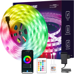Banda LED RGB BIRAI 10 M 2x5m SMART App Bluetooth Microfon Lumina Reglabila Wi-Fi Timer Cu Telecomanda si Control Vocal Impermeabil 