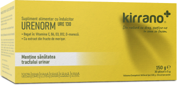 Supliment alimentar Kirrano UreNorm URE130 D-manoza 1500mg Merisor Vitamina C Vitamina B6 Vitamina D3 Vitamina B12. 