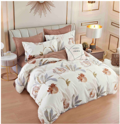 Lenjerie finet premium cu elastic pentru pat dublu model cu lalele si bujori 
