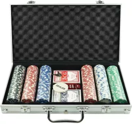 Set de Poker Complex cu 300 de jetoane Flippy Include 2 seturi de carti 5 zaruri Echipat cu servieta de aluminiu cu dimensiunile 39x7x27 