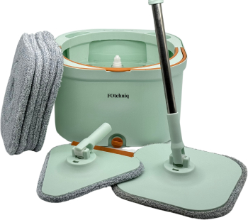 Set Mop Rotativ 7in1 cu Galeata Profesional FOtehniq Home 6 Lavete Microfibra Patrate + 1 Triunghi Maner Telescopic Verde Deschis 
