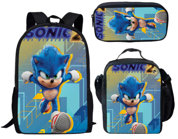 Rucsac 3 piese pentru copii sonic cu punga de creion si geanta 3D 