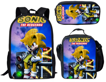 Rucsac 3 piese pentru copii sonic cu punga de creion si geanta design 3D