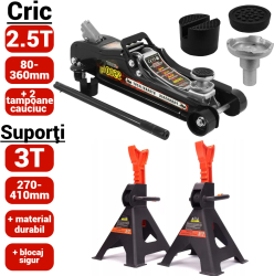 Cric hidraulic 2.5T 80-360mm talie joasa + set 2 suporti auto 3T 2.5T + +3T 