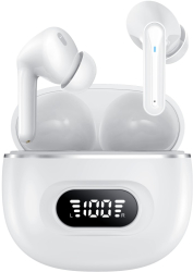 Casti Wireless Techbasics Anulare zgomot Bluetooth 5.3 Afisaj Digital Microfon Dual HD Control Tactil Rezistente la apa Alb 