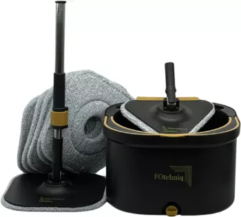Set Mop Rotativ 7in1 cu Galeata Profesional FOtehniq GoldenHomeMop 6 Lavete Microfibra Patrate + 1 Triunghi Maner Telescopic Negru 