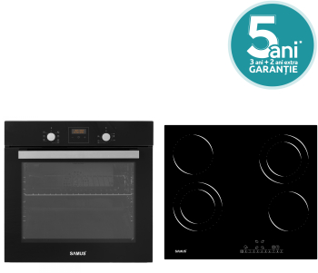 Pachet incorporabil Samus Cuptor SC639CEGV Clasa A 62L 2200W Grill electric + Plita PSVE-64BG6 vitroceramica 4 arzatoare 60 cm Timer digital 