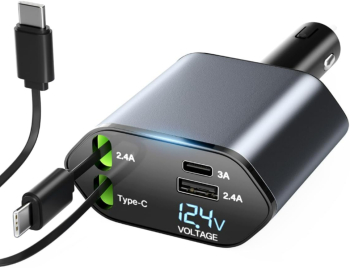 Incarcator Auto 100W Super Fast Charge 4in1 BIRAI Afisaj LED Type C + Lightning Cablu Flexibil 80cm USB C Compatibil iPhone Samsung Argintiu
