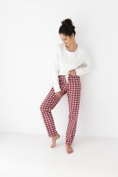 Pijama dama Sensis Olympia cu maneca lunga si pantalon lung interlock/flanel model carouri bumbac L ecru cu rosu 