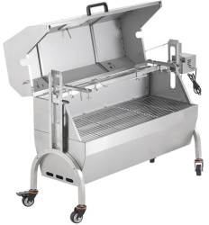 Gratar pe carbune cu capac si rotisor electric 52W Otel Inoxidabil 4 Roti blocabile inaltime de gatit reglabila 1320x500x878 mm Termome 