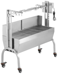 Gratar pe carbune cu rotisor electric 52W Otel Inoxidabil Roti blocabile inaltime de gatit reglabila 1310x435x1158 mm 4 roti blocabile 