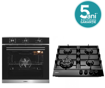 Pachet incorporabil Samus Cuptor SC628GX9 Clasa A 2800W 75L 9 functii + Plita PSG-64SMB1 4 arzatoare pe gaz 58 cm Email negru mat 