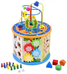Cub activitati educative copii 8 in 1 ceas labirinturi abac forme geometrice multicolor lemn 