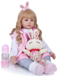Papusa 55 cm par lung 5 accesorii biberon si suzeta magnetica jucarie iepuras inclus 