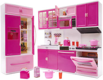 Mobilier de bucatarie interactiv pentru papusi 4 segmente iluminare led plastic roz 
