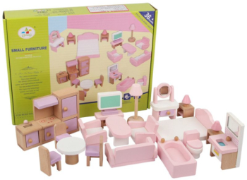 Set mobilier de jucarie din lemn pentru Casuta Papusilor 22 piese roz 