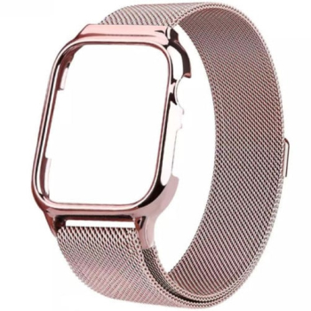 Curea iUni compatibila cu Apple Watch Ultra/SE/8/7/6/5/4/3/2/1 42mm Milanese Loop carcasa protectie incorporata Rose Gold 
