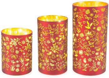 Set 3 candele Craciun sticla rosie aurie cu led 10x20 cm 9x16 cm 9x12 cm 