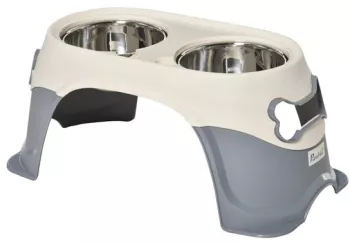 Castron bol pentru caine dublu suport inaltat inox si plastic gri si bej 47x20x25 cm 