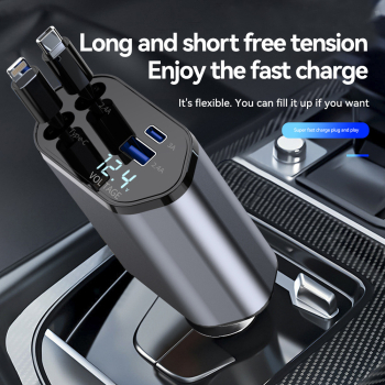 Incarcator Auto Retractabil 4 in 1 Afisaj Digital Tensiune Putere 66W 2 Cabluri Retractabile Type C si Apple Lungime cablu 800mm