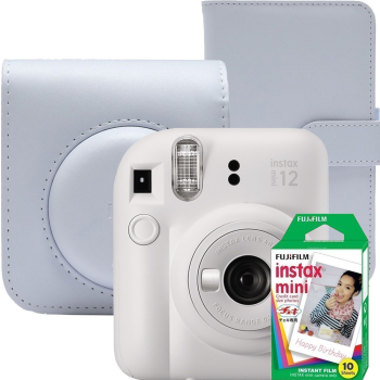 Aparat foto instant Fujifilm Instax mini 12 Clay White cu husa album foto si film 1x10 