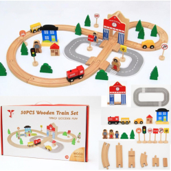 Set Trenulet cu Cale Ferata din Lemn - 50 Piese 