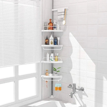 Organizator baie raft de baie de tip coltar cu brat telescopic cu 4 etajere si suport pentru prosop 