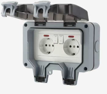 Priza dubla exterior Model Standard European 250V/16A IP66 rezistenta la apa si praf gri cu intrerupatoare individuale