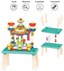 Masuta educativa de desenat si construit 3 in 1 cu cuburi de construit 100 de piese spatiu de depozitare si panou educativ