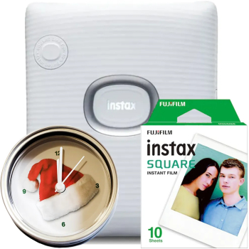 Set imprimanta foto Fujifilm Instax SQUARE Ash White cu hartie 1x10 si ceas Craciun 